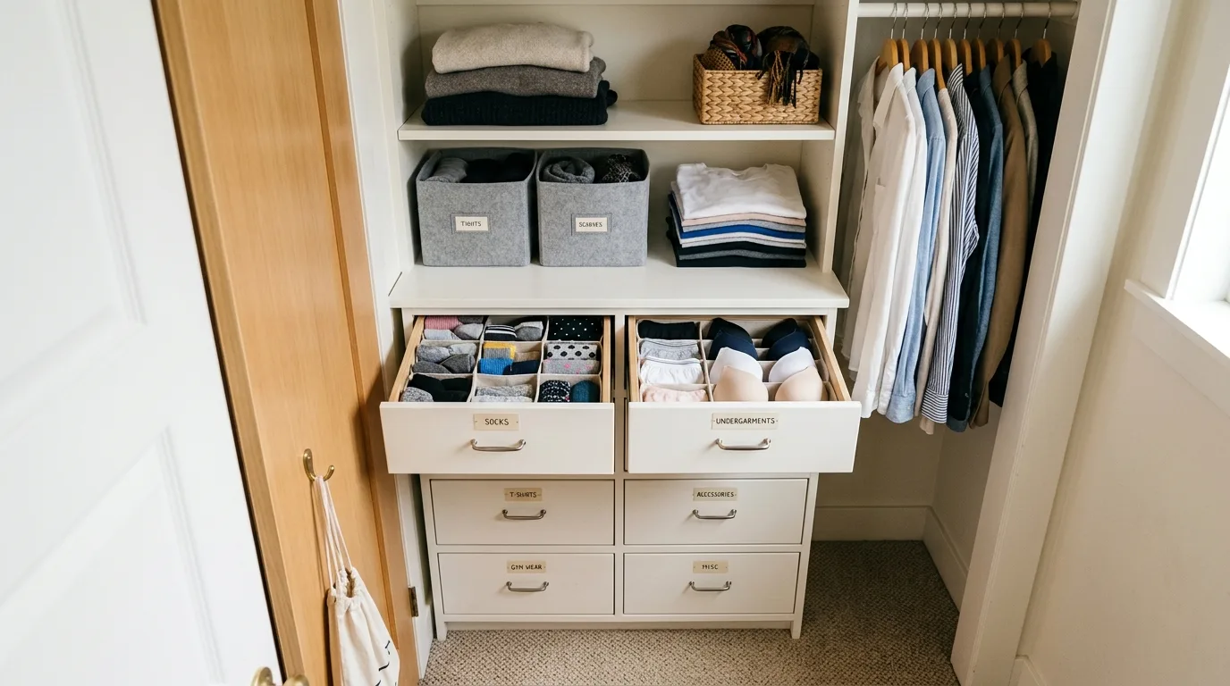 Small closet with drawers organizing smaller clothing items